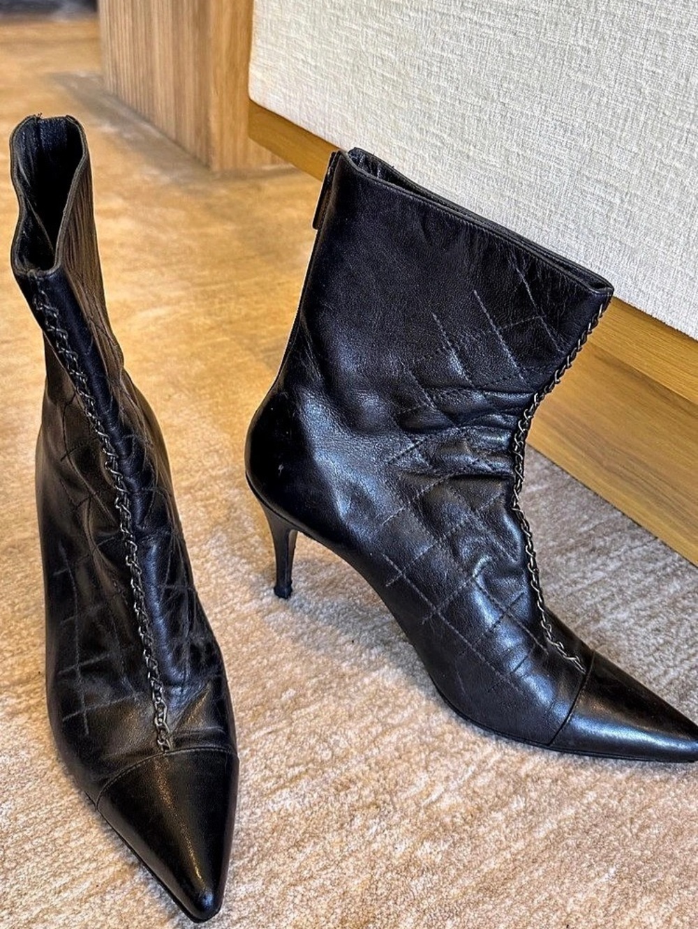 Chanel Black Quilted Leather Pointed-Toe Heeled Boots with Silver Chain Detail - Picture 15 of 16